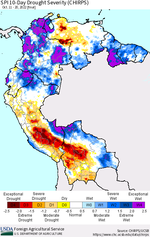 Northern South America SPI 10-Day Drought Severity (CHIRPS) Thematic Map For 10/11/2022 - 10/20/2022