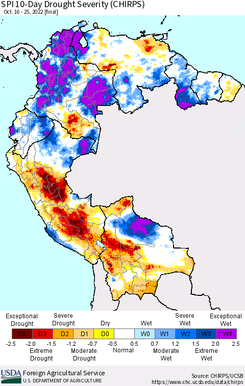 Northern South America SPI 10-Day Drought Severity (CHIRPS) Thematic Map For 10/16/2022 - 10/25/2022