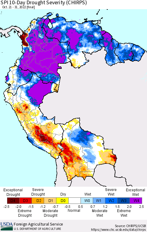 Northern South America SPI 10-Day Drought Severity (CHIRPS) Thematic Map For 10/21/2022 - 10/31/2022