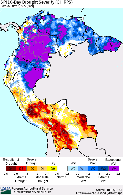 Northern South America SPI 10-Day Drought Severity (CHIRPS) Thematic Map For 10/26/2022 - 11/5/2022