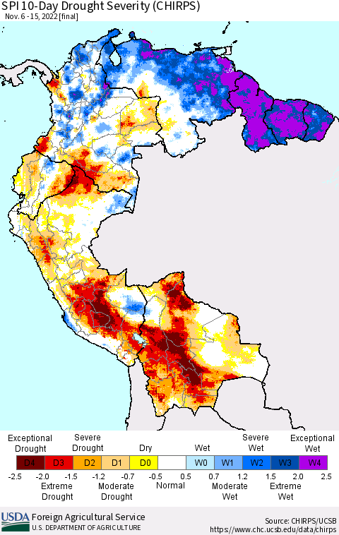Northern South America SPI 10-Day Drought Severity (CHIRPS) Thematic Map For 11/6/2022 - 11/15/2022