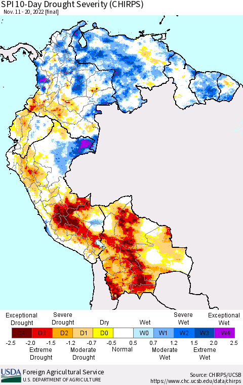 Northern South America SPI 10-Day Drought Severity (CHIRPS) Thematic Map For 11/11/2022 - 11/20/2022