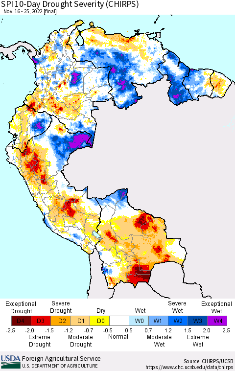 Northern South America SPI 10-Day Drought Severity (CHIRPS) Thematic Map For 11/16/2022 - 11/25/2022