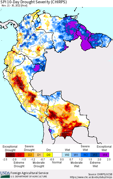 Northern South America SPI 10-Day Drought Severity (CHIRPS) Thematic Map For 11/21/2022 - 11/30/2022