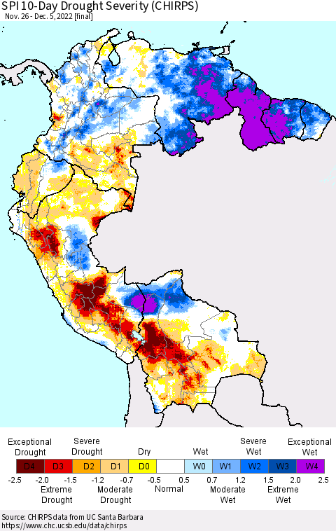 Northern South America SPI 10-Day Drought Severity (CHIRPS) Thematic Map For 11/26/2022 - 12/5/2022