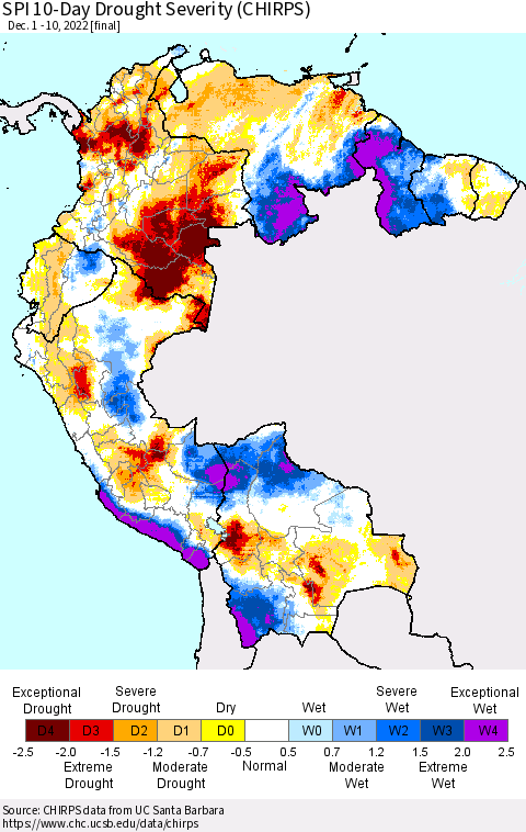 Northern South America SPI 10-Day Drought Severity (CHIRPS) Thematic Map For 12/1/2022 - 12/10/2022