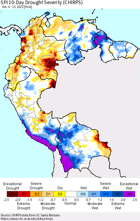 Northern South America SPI 10-Day Drought Severity (CHIRPS) Thematic Map For 12/6/2022 - 12/15/2022
