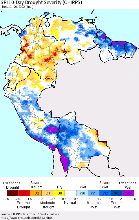 Northern South America SPI 10-Day Drought Severity (CHIRPS) Thematic Map For 12/11/2022 - 12/20/2022