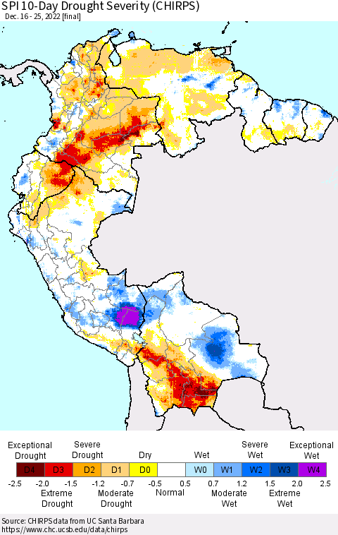Northern South America SPI 10-Day Drought Severity (CHIRPS) Thematic Map For 12/16/2022 - 12/25/2022