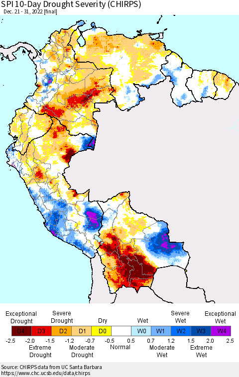Northern South America SPI 10-Day Drought Severity (CHIRPS) Thematic Map For 12/21/2022 - 12/31/2022