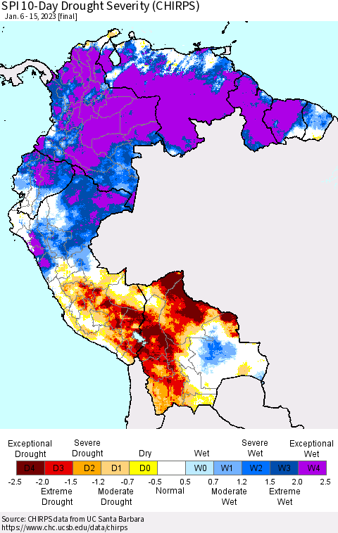 Northern South America SPI 10-Day Drought Severity (CHIRPS) Thematic Map For 1/6/2023 - 1/15/2023