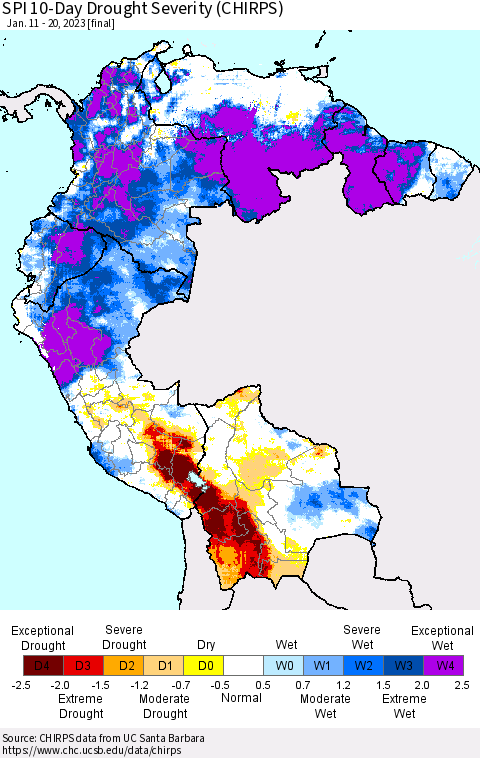 Northern South America SPI 10-Day Drought Severity (CHIRPS) Thematic Map For 1/11/2023 - 1/20/2023