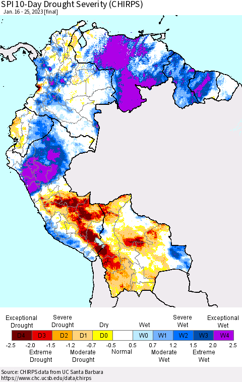 Northern South America SPI 10-Day Drought Severity (CHIRPS) Thematic Map For 1/16/2023 - 1/25/2023