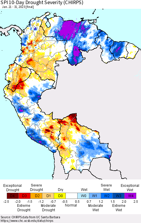 Northern South America SPI 10-Day Drought Severity (CHIRPS) Thematic Map For 1/21/2023 - 1/31/2023