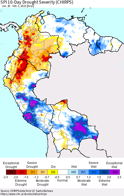 Northern South America SPI 10-Day Drought Severity (CHIRPS) Thematic Map For 1/26/2023 - 2/5/2023