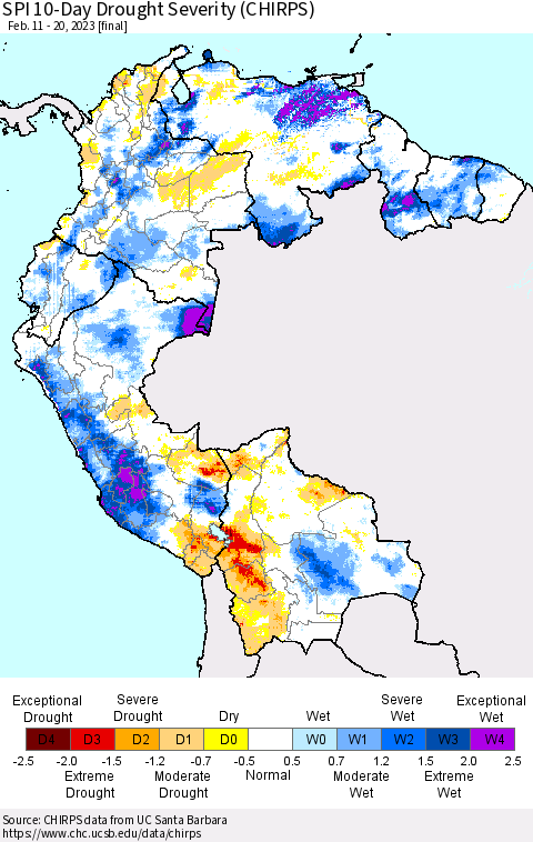 Northern South America SPI 10-Day Drought Severity (CHIRPS) Thematic Map For 2/11/2023 - 2/20/2023