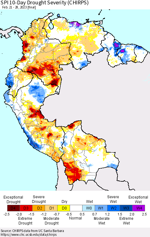 Northern South America SPI 10-Day Drought Severity (CHIRPS) Thematic Map For 2/21/2023 - 2/28/2023