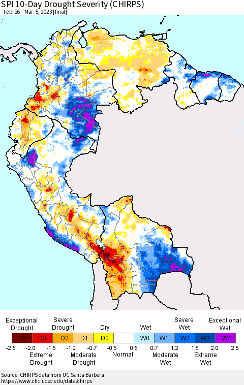 Northern South America SPI 10-Day Drought Severity (CHIRPS) Thematic Map For 2/26/2023 - 3/5/2023