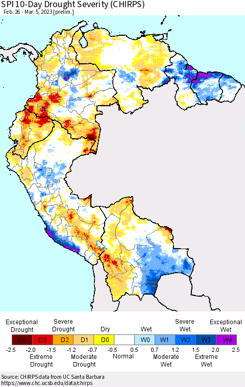 Northern South America SPI 10-Day Drought Severity (CHIRPS) Thematic Map For 2/26/2023 - 3/5/2023