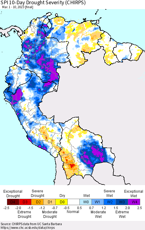 Northern South America SPI 10-Day Drought Severity (CHIRPS) Thematic Map For 3/1/2023 - 3/10/2023