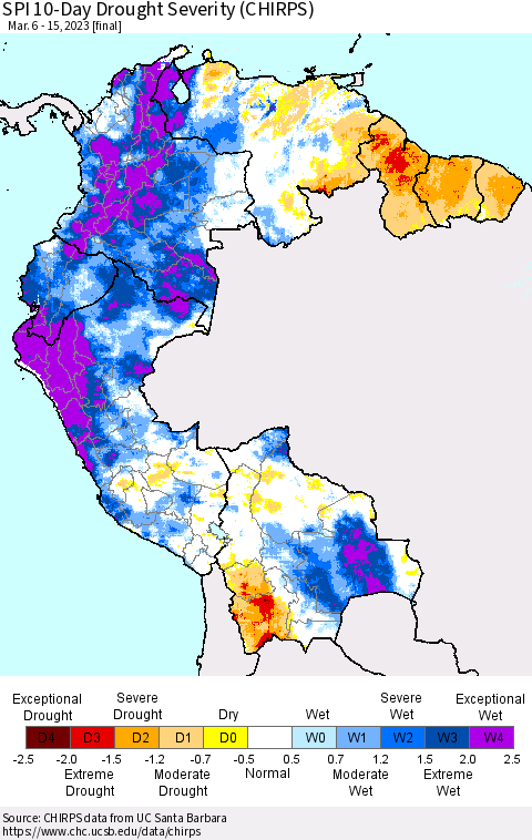 Northern South America SPI 10-Day Drought Severity (CHIRPS) Thematic Map For 3/6/2023 - 3/15/2023