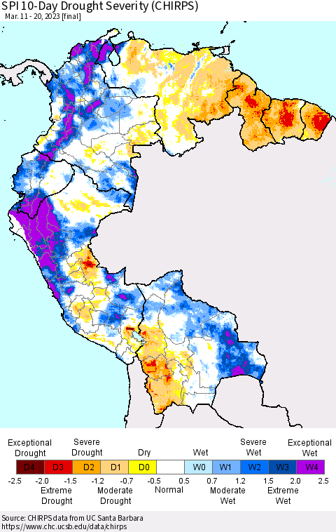 Northern South America SPI 10-Day Drought Severity (CHIRPS) Thematic Map For 3/11/2023 - 3/20/2023