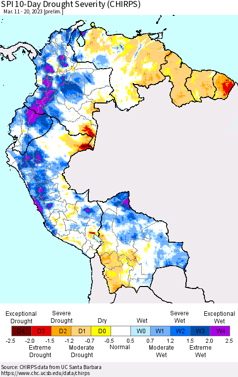 Northern South America SPI 10-Day Drought Severity (CHIRPS) Thematic Map For 3/11/2023 - 3/20/2023