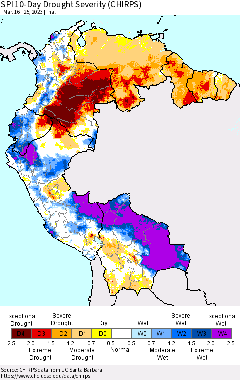 Northern South America SPI 10-Day Drought Severity (CHIRPS) Thematic Map For 3/16/2023 - 3/25/2023