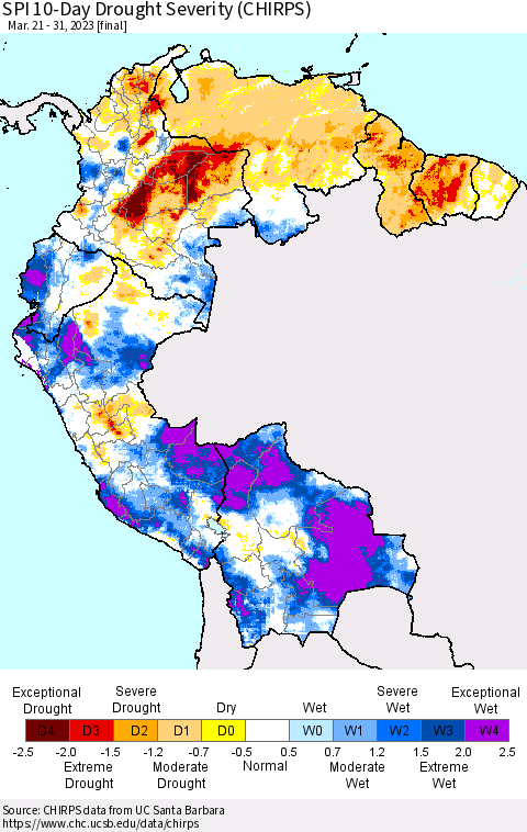 Northern South America SPI 10-Day Drought Severity (CHIRPS) Thematic Map For 3/21/2023 - 3/31/2023