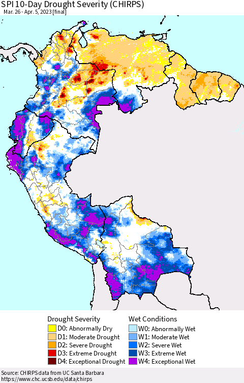 Northern South America SPI 10-Day Drought Severity (CHIRPS) Thematic Map For 3/26/2023 - 4/5/2023