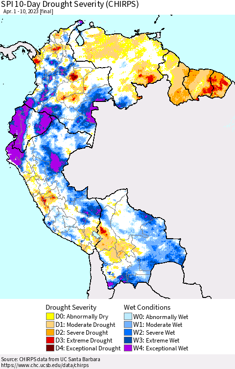Northern South America SPI 10-Day Drought Severity (CHIRPS) Thematic Map For 4/1/2023 - 4/10/2023