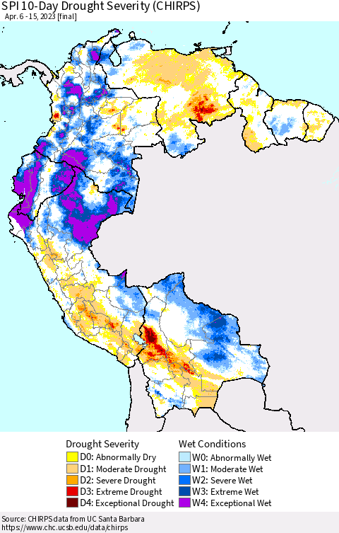Northern South America SPI 10-Day Drought Severity (CHIRPS) Thematic Map For 4/6/2023 - 4/15/2023