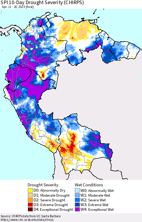 Northern South America SPI 10-Day Drought Severity (CHIRPS) Thematic Map For 4/11/2023 - 4/20/2023