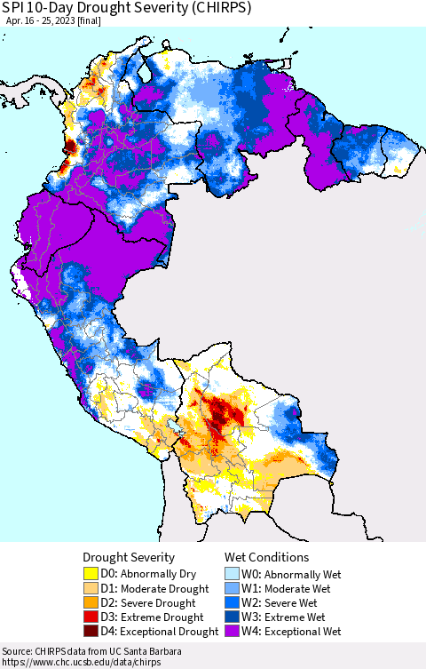Northern South America SPI 10-Day Drought Severity (CHIRPS) Thematic Map For 4/16/2023 - 4/25/2023