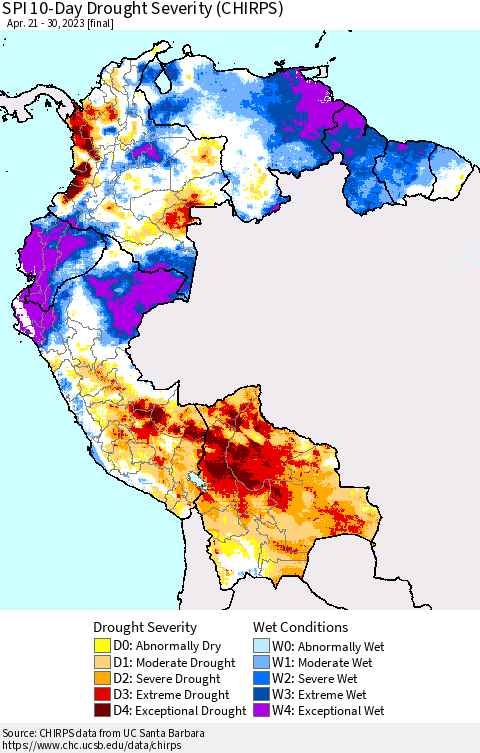 Northern South America SPI 10-Day Drought Severity (CHIRPS) Thematic Map For 4/21/2023 - 4/30/2023