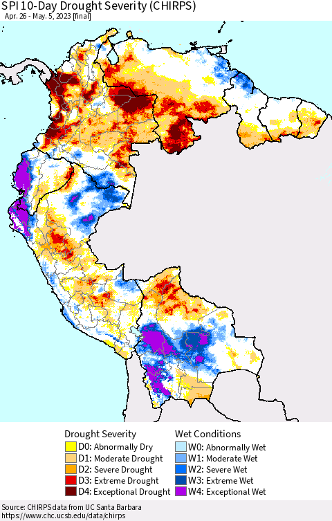 Northern South America SPI 10-Day Drought Severity (CHIRPS) Thematic Map For 4/26/2023 - 5/5/2023
