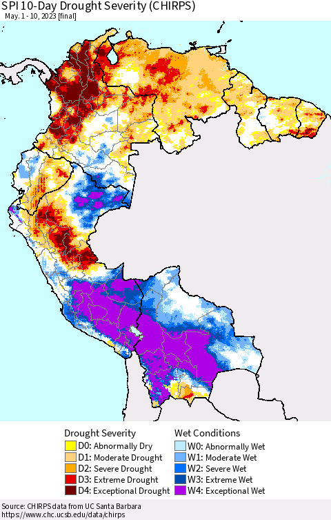 Northern South America SPI 10-Day Drought Severity (CHIRPS) Thematic Map For 5/1/2023 - 5/10/2023