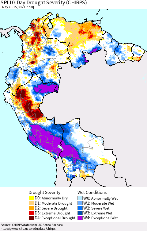 Northern South America SPI 10-Day Drought Severity (CHIRPS) Thematic Map For 5/6/2023 - 5/15/2023