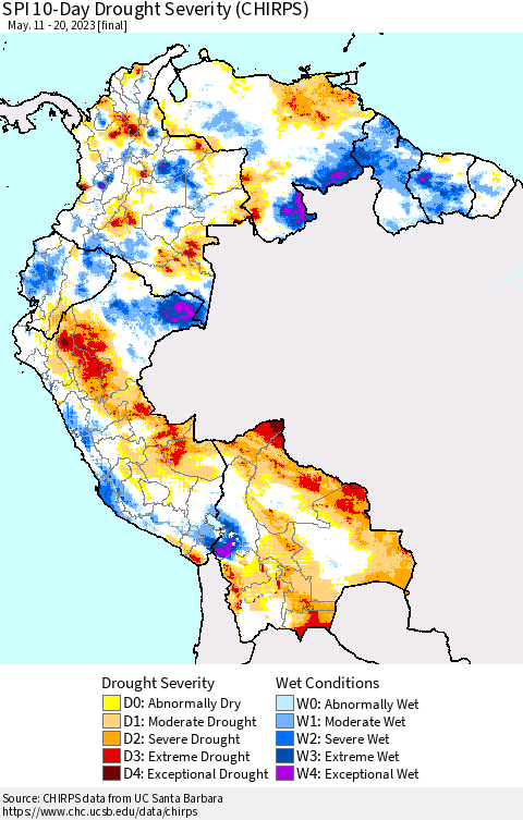 Northern South America SPI 10-Day Drought Severity (CHIRPS) Thematic Map For 5/11/2023 - 5/20/2023