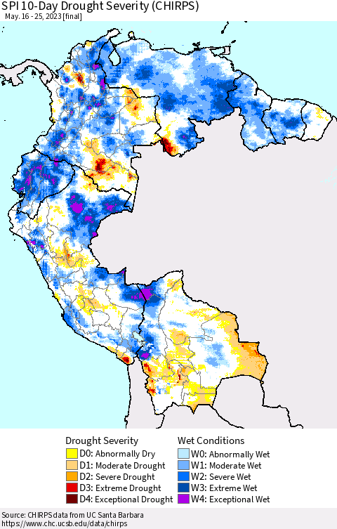 Northern South America SPI 10-Day Drought Severity (CHIRPS) Thematic Map For 5/16/2023 - 5/25/2023