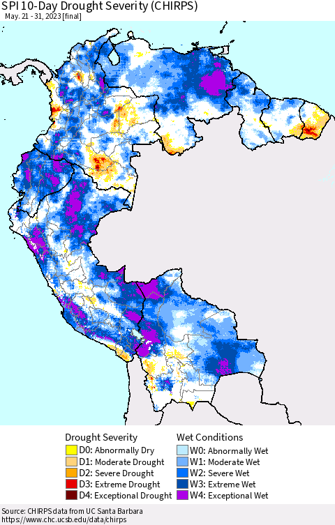 Northern South America SPI 10-Day Drought Severity (CHIRPS) Thematic Map For 5/21/2023 - 5/31/2023