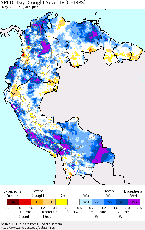 Northern South America SPI 10-Day Drought Severity (CHIRPS) Thematic Map For 5/26/2023 - 6/5/2023