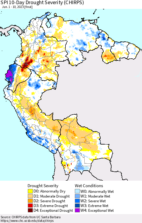 Northern South America SPI 10-Day Drought Severity (CHIRPS) Thematic Map For 6/1/2023 - 6/10/2023