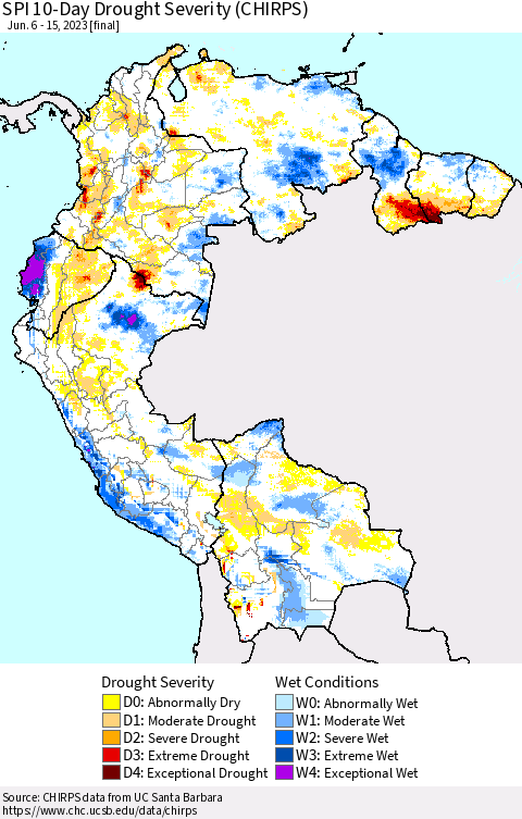 Northern South America SPI 10-Day Drought Severity (CHIRPS) Thematic Map For 6/6/2023 - 6/15/2023
