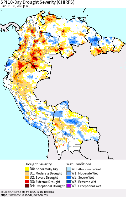 Northern South America SPI 10-Day Drought Severity (CHIRPS) Thematic Map For 6/11/2023 - 6/20/2023