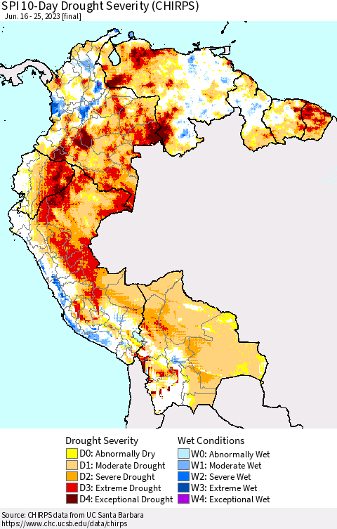 Northern South America SPI 10-Day Drought Severity (CHIRPS) Thematic Map For 6/16/2023 - 6/25/2023