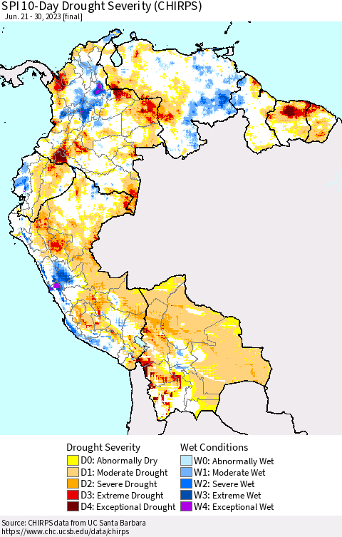 Northern South America SPI 10-Day Drought Severity (CHIRPS) Thematic Map For 6/21/2023 - 6/30/2023