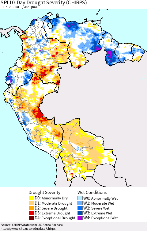Northern South America SPI 10-Day Drought Severity (CHIRPS) Thematic Map For 6/26/2023 - 7/5/2023