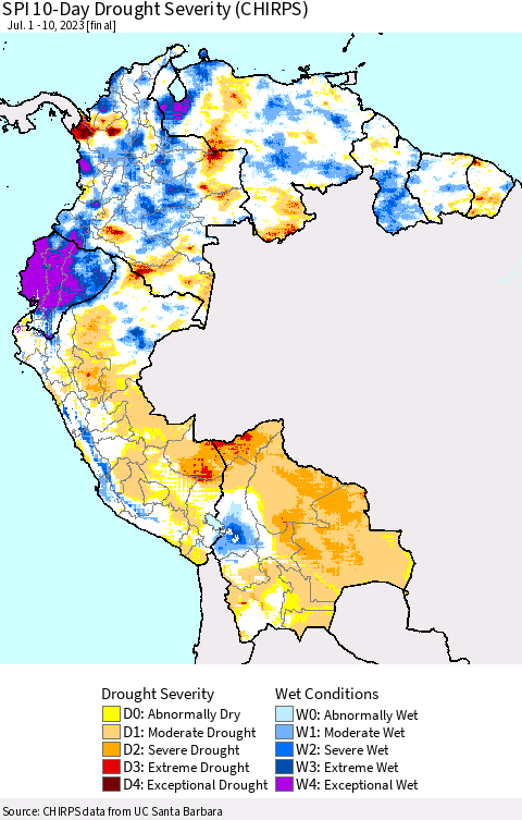 Northern South America SPI 10-Day Drought Severity (CHIRPS) Thematic Map For 7/1/2023 - 7/10/2023