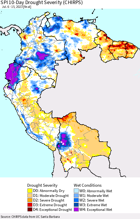 Northern South America SPI 10-Day Drought Severity (CHIRPS) Thematic Map For 7/6/2023 - 7/15/2023